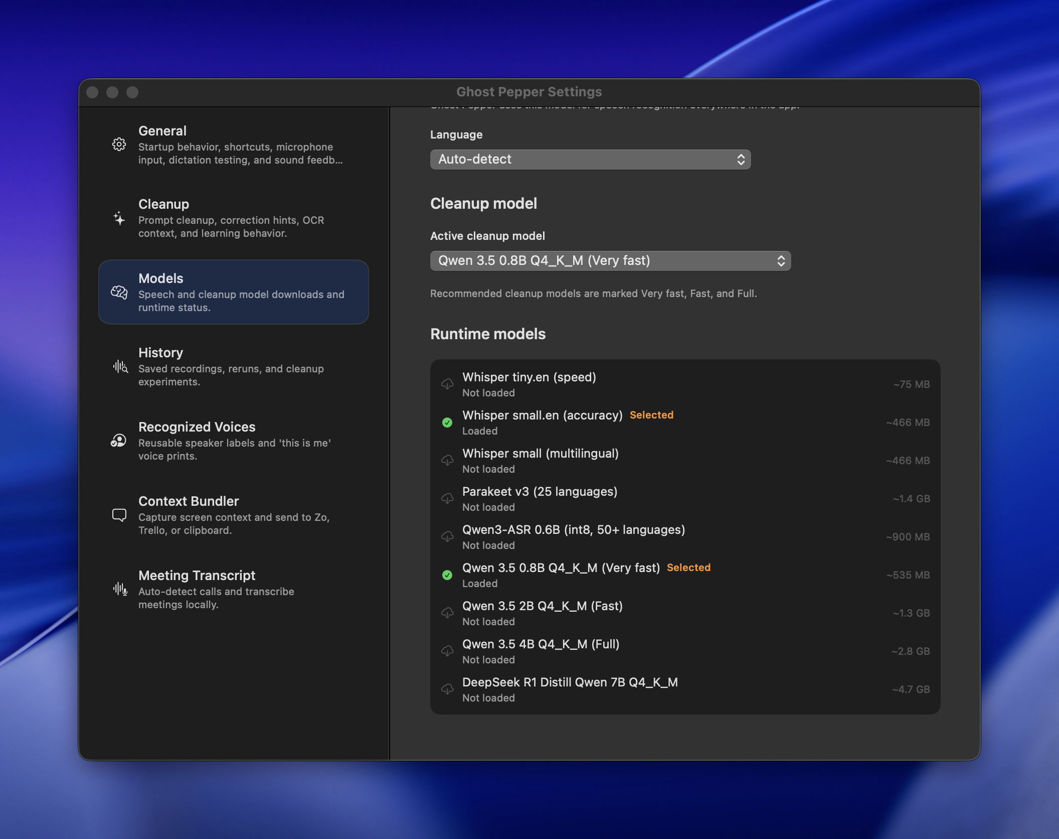 Ghost Pepper Settings window showing Models tab with language auto-detect, cleanup model selection, and list of available speech recognition runtime models with file sizes