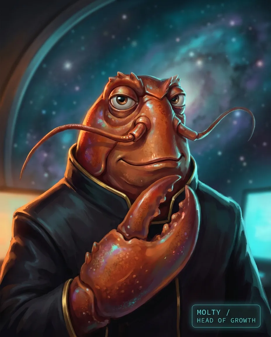 Anthropomorphic red crustacean character with large claw, wearing black jacket with gold trim, against cosmic starfield background