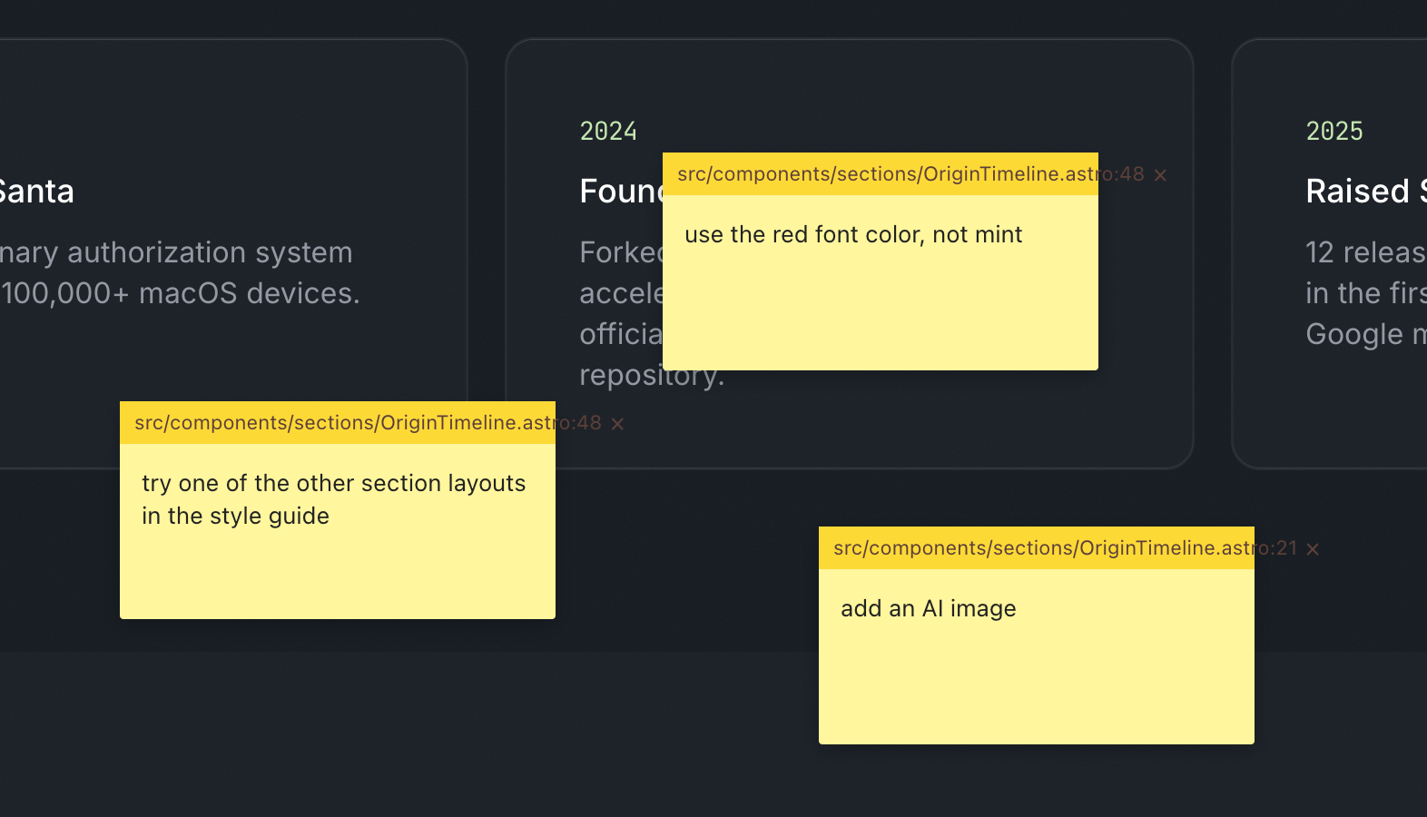Code review interface showing yellow sticky notes with feedback comments overlaid on a dark timeline displaying 2024 and 2025 project milestones