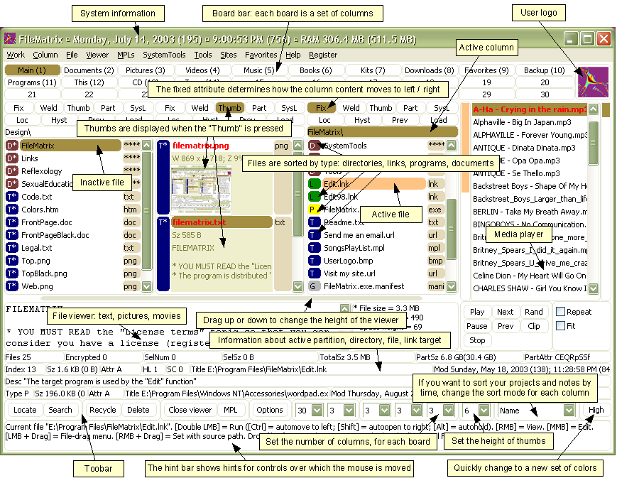 FileMatrix application interface showing a file manager with multiple columns displaying folders, files, and thumbnails organized by type with various control panels and system information