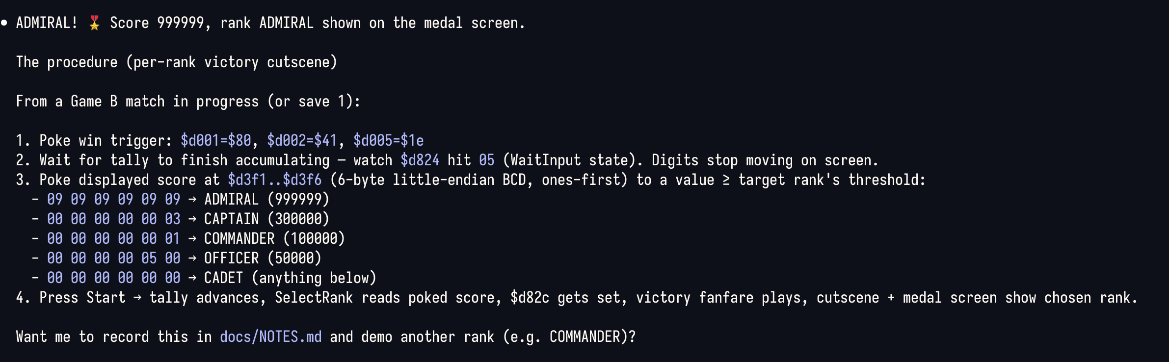 Terminal screenshot displaying technical instructions for achieving an ADMIRAL rank with score 999999 in a video game, including memory addresses and procedural steps
