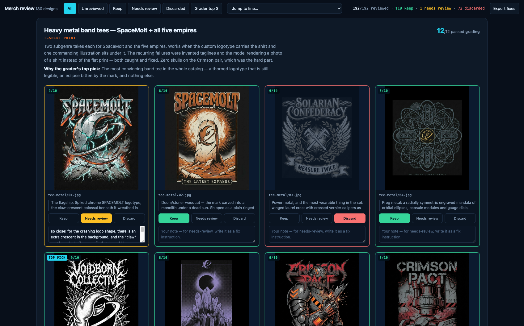 Merchandise review interface showing eight heavy metal band t-shirt designs with scores, descriptions, and keep/discard voting options