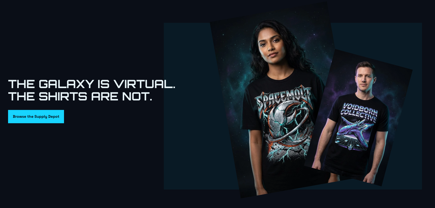 Two people wearing black graphic t-shirts with metallic sci-fi artwork against a dark teal starfield background